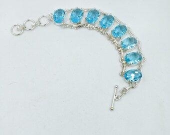 Blue Topaz Quartz Bracelet: Adjustable 925 Sterling Silver Plated Gemstone Jewelry
