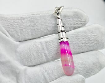 Pink Botswana Agate Gemstone Pendant Charm, Gemstone Teardrop, Silver Tone Jewelry Component