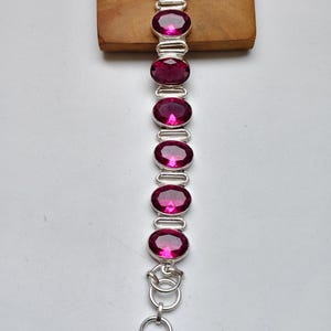 Rubylite Quartz Oval Sterling Silver Plated Bracelet: Faceted Gemstone, Adjustable Bracelet