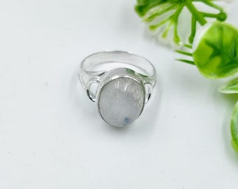 Rainbow Moonstone Natural Boho Ring, Handmade 925 Silver Plated