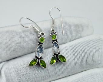 Handgemachte Peridot & Blautopas Edelstein Ohrringe: 925 Sterling Silber überzogene Baumeln Tropfen Ohrringe