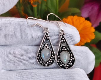 Orecchini A Goccia In Argento Sterling 925 Con Pietra Di Luna | Design Filigrana Boho | Gioielli Artigianali Donna Con Scatola E Panno | Regalo Idea Compleanno
