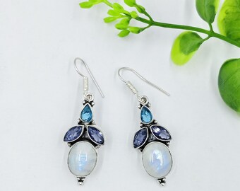 Moonstone Dangle Earrings: 925 Silver Plated, Amethyst & Topaz