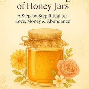 May include: A book cover with the title "The Sweet Magic of Honey Jars" and the subtitle "A Step-by-Step Ritual for Love, Money & Abundance." The image features a jar of honey, flowers, and text on a light yellow background.