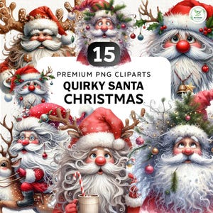 15+ Watercolor Quirky Santa Claus Clipart Bundle, Quirky Christmas Santa Png, Funny Christmas Clipart, Christmas Bundle Png, Commercial Use
