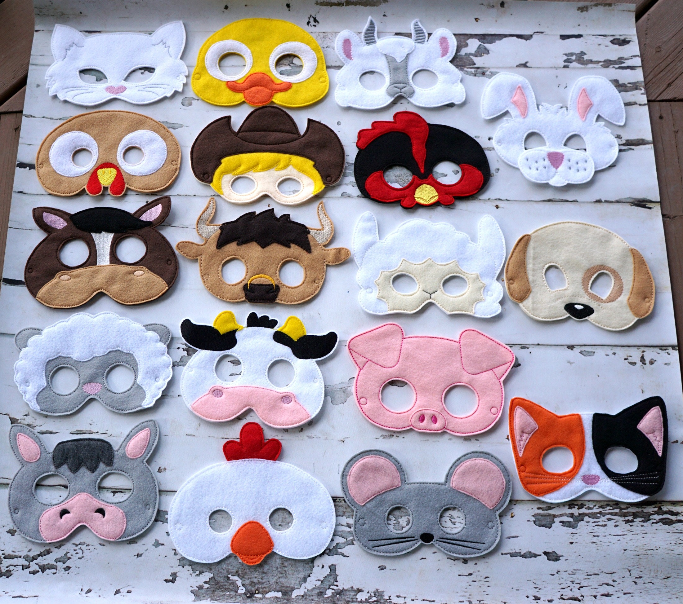 Felt FARM Animal Masks: Cat, Cow, Chicken, Hen, Dog, Mouse, Pig