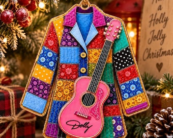 Dolly Coat of Many Colors Ornament, Pink Guitar Christmas Ornament, Music Lover Gift, Christmas Tree Decor, 2D Acrylic Holiday Ornament