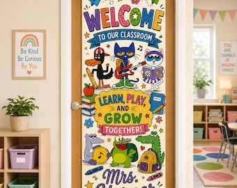 Personalized Pete the Cat Classroom Door Banner, Cute Cartoon Teacher Sign, Custom Teacher Name Tapestry, Back to School Decor