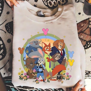 Retro Zootoopi Characters Nik Wilde Judi Hopps Floral Disni Png, Disni Land Family Trip Outfits Zootopi Balloons Digital File Download