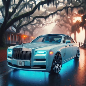 May include: A light blue luxury car with a black roof is parked on a wet road. The car has a silver grille, a hood ornament, and a license plate with the letter "R". The background features a building, trees, and a foggy atmosphere.