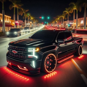 May include: A black pickup truck with red and white neon lights, driving on a city street at night. The truck has a red Chevrolet logo and custom rims with orange lights. Palm trees line the street.