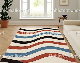 Modern Wavy Area Rug, Abstract Striped Rug, Mid Century Style Carpet, Boho Living Room Rug, Minimalist Home Decor Floor Mat