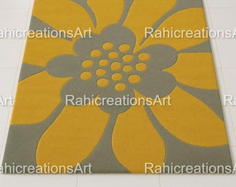 Yellow Grey Floral Area Rug | Modern Flower Pattern Carpet | Living Room Bedroom Home Decor Rug | Handmade Style Floor Mat