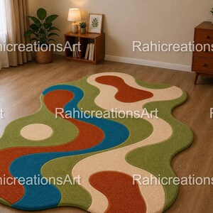 Groot abstract golvend getuft tapijt - handgemaakt tapijt met onregelmatige vorm, retro kleurrijk modern decor uit het midden van de eeuw, uniek funky tapijt