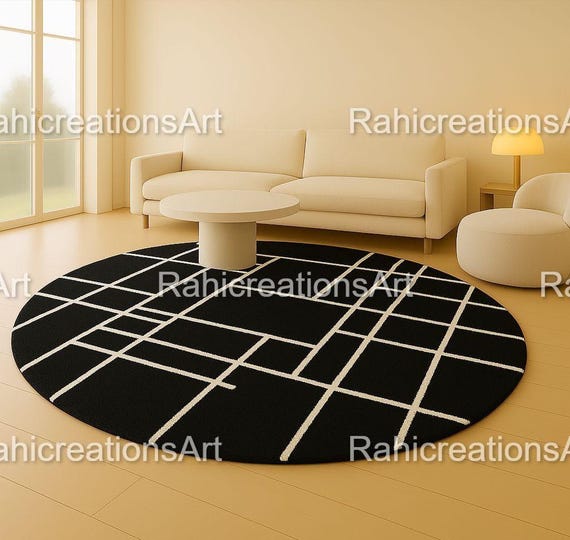 Moderner schwarzer runder Teppich, Geometrischer Minimalistischer Teppich, Teppich für Wohnzimmer, Wohnzimmerteppich, Weicher Bodenteppich