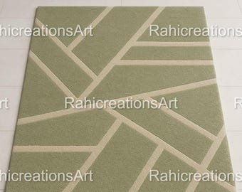 Alfombra verde tejida a mano, de lana, estilo boho moderno y abstracto, ideal para sala de estar, dormitorio o decoración.