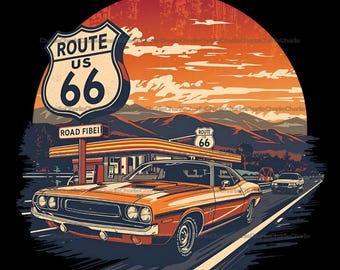 Vintage Route 66 PNG: Design för klassisk bilresa (digital nedladdning)