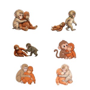 May include: A collection of six illustrations featuring adorable monkeys in various poses. The monkeys are depicted in shades of brown and tan, with some hugging each other. The illustrations have a cartoonish style, perfect for children's products.