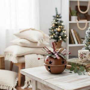 Large Metal Christmas Bell Ornament – Rustic Hanging Jingle Bell with Star Cutouts, Farmhouse Holiday Home Decoration