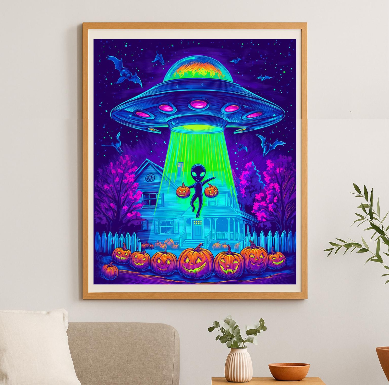 Alien Halloween UFO Abduction Wall Art – Neon Retro Horror Printable ...