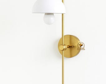 Modern Brass and White Dome Shade Wall Sconce Light – Minimalist Mid-Century Design