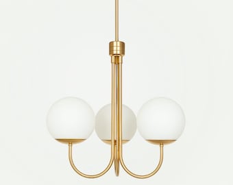Mid-Century Sputnik Chandelier – 3-Light Gold & Milk White Glass – Adjustable Height – G9 – Dining Room, Living Room, Foyer