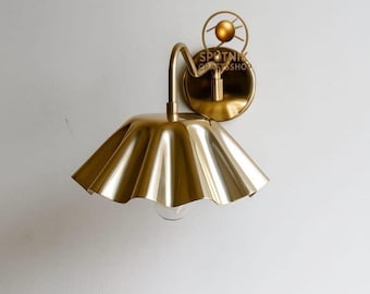 Mid Century Modern Brass Wall Sconce, Fluted Lampshade Bedside Light