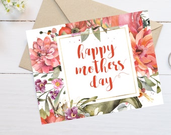 Floral watercolor, Printable Mothers day note card, Blank, Mom, Wife, Sister, Daughter, Grandmother, Instant digital download
