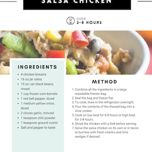 Op de afbeelding: Afbeelding van een Salsa Chicken-recept, met ingredi&euml;nten zoals kipfilet, salsa en zwarte bonen. Het recept suggereert langzaam koken gedurende 3-8 uur. De afbeelding geeft de ingredi&euml;nten en de bereidingswijze weer.
