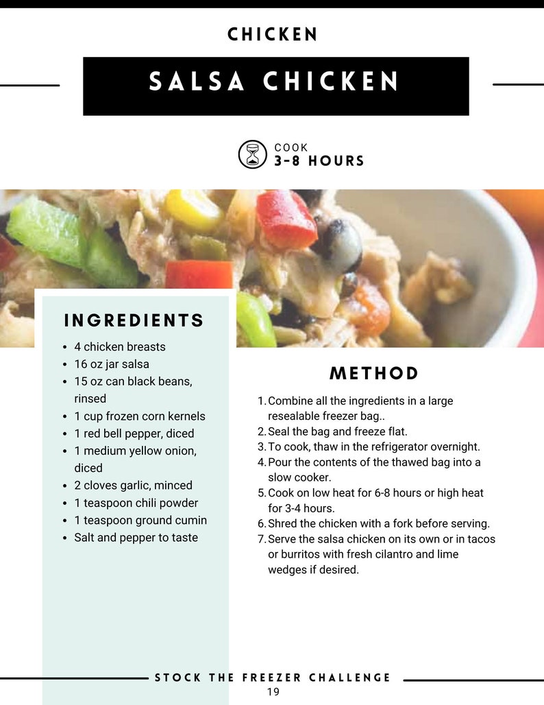 Op de afbeelding: Afbeelding van een Salsa Chicken-recept, met ingredi&euml;nten zoals kipfilet, salsa en zwarte bonen. Het recept suggereert langzaam koken gedurende 3-8 uur. De afbeelding geeft de ingredi&euml;nten en de bereidingswijze weer.