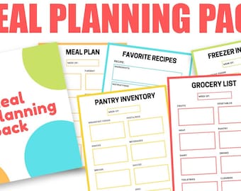 Meal Planning Bundle, Menu Planner, Grocery List Weekly Meal Planner Pantry Freezer Refrigerator Inventory Favorite Recipes, Meal Plan Chart