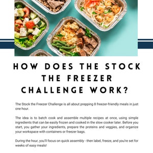 Op de afbeelding: Overzicht van verschillende aluminiumfoliebakjes gevuld met bereide maaltijden. De maaltijden omvatten pasta met garnalen en tomaten, rundvlees met champignons en een salade met fetakaas. Tekst: "HOW DOES THE STOCK THE FREEZER CHALLENGE WORK?"