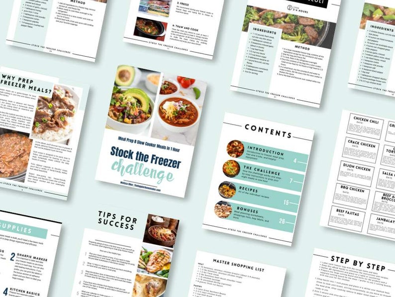 Op de afbeelding: Een verzameling receptkaarten en gidsen voor maaltijdbereiding en vriezer koken. De titel "Stock the Freezer Challenge" is zichtbaar, samen met verschillende recepten en kookinstructies. De lay-out bevat afbeeldingen van bereide maaltijden en ingredi&euml;ntenlijsten.