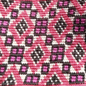 Puede incluir: Primer plano de un textil tejido con un patrón geométrico repetitivo. El diseño presenta cuadrados, diamantes y otras formas en tonos de rosa, negro, blanco y morado. La textura parece estar hecha de hilo o hilo.