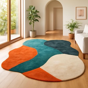 Hand-Tufted Wool Area Rug: Orange Multi-Color Irregular Modern Rug