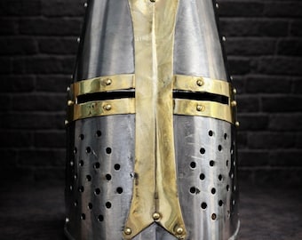 Handcrafted Steel Crusader Helmet with brass tim cosplay helmet medieval  LARP
