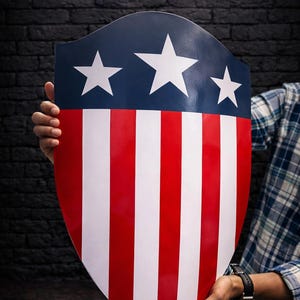 May include: A shield with a patriotic design, featuring a blue top with three white stars and red and white vertical stripes. The shield is held against a dark brick background.