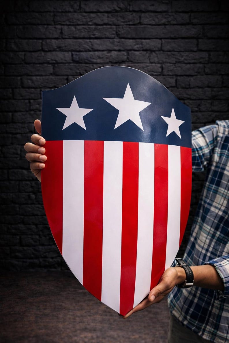 May include: A shield with a patriotic design, featuring a blue top with three white stars and red and white vertical stripes. The shield is held against a dark brick background.