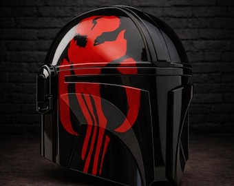 Handmade Red Black Sci-Fi Helmet : Wearable Mandalorian-Style Cosplay Armor (Resin, Fiberglass) LARP