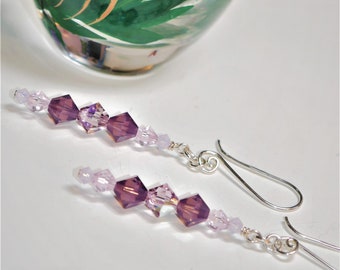 Ladies Swarovski Pink and Purple crystal beaded dangle earrings with sterling silver earring wires; Purple Earrings; Pink Earrings; Crystals