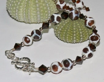 Animal Print Round Glass Brown & White Beads with Swarovski Brown Crystal Ladies Handmade Bracelet; Animal Print Bracelet; Brown Bracelet