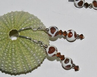 Animal Print Round Glass Brown & White Beads with Swarovski Brown Crystal Ladies Handmade Dangle Earrings; Animal Print Earrings;