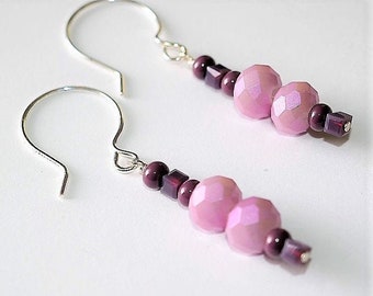 Plum/Purple/Pink/Mauve Beaded Drop Earrings Cube Shaped Beads/Matching Necklace