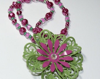 Flower Pendant in Green and Fushia Pink on Beaded Pink and Green Pearl Necklace..Think Fresh & Fun..; Pink Necklace; Flower Necklace