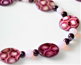 Purple/Pink/Mauve Beaded Necklace/Coin/Disk Shaped Patterned Beads/Iridescent Round Glass Beads/Toggle Closure/Matching Earrings