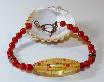 Yellow & Orange/Red Resin Oval Center Handmade Bracelet with Swarovski and Copper Accents with Copper Toggle; Red Bracelet