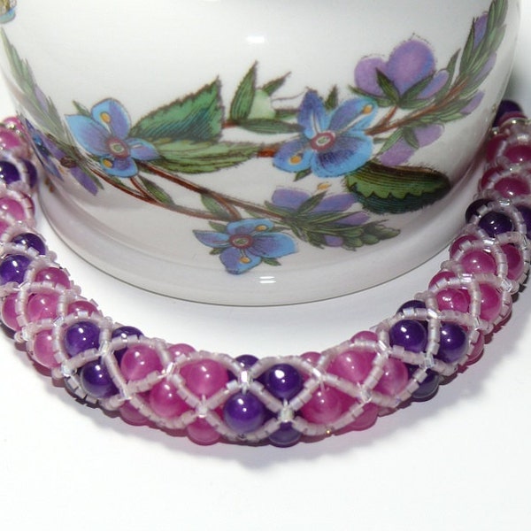 Spectacular Purple & Rose Woven Netted Rope Beaded Handmade Bracelet; Beaded Bracelet; Pink Bracelet; Purple Bracelet