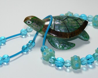 Lampwork Aqua Teal Blue Glass Beaded & Rubber Tubing Necklace Sterling Silver Closure; Aqua Necklace;Blue Beaded Necklace