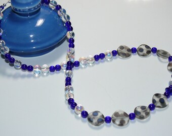 Blue Lapis Glass Round & Clear Coin Glass Polka Dot Bead Handmade Necklace; Lapis Necklace;Blue Necklace; Coin Shaped Bead Necklace