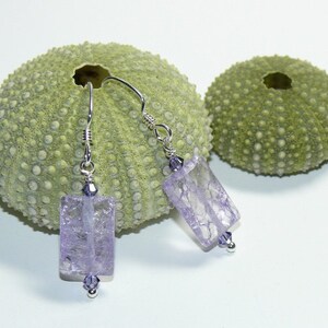 Lilac Cracked Glass Rectangular Bead with Swarovski Crystals Sterling Silver Dangle Earrings Lilac Earrings Purple Earrings image 4